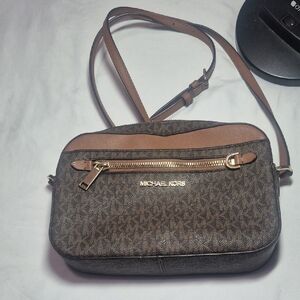 Michael Kors Brown and Tan Logo Crossbody Bag with Gold Hardware